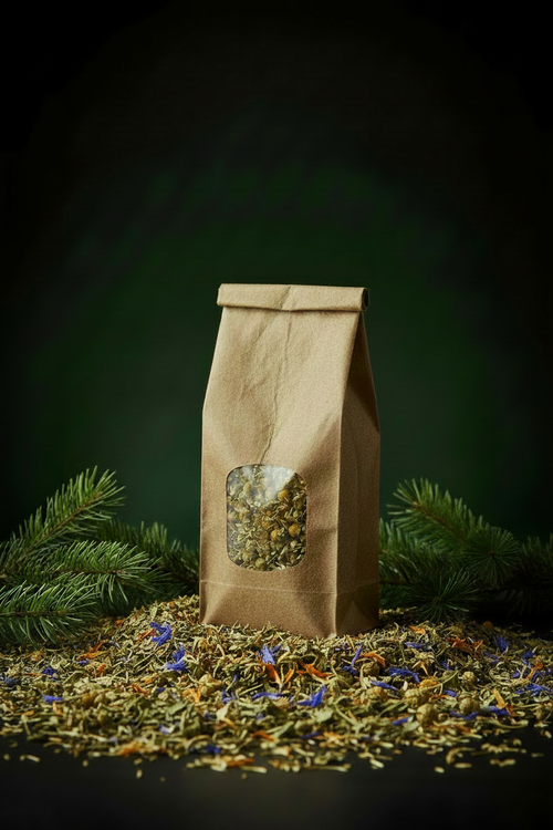 Sachet kraft posé sur parterre de pétales